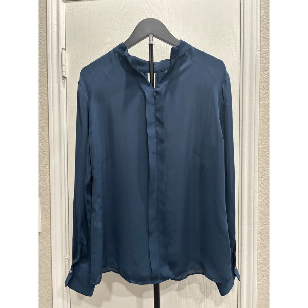 White House Black Market Teal Blue Keyhole Mock Neck Blouse Rhinestone Button 10
